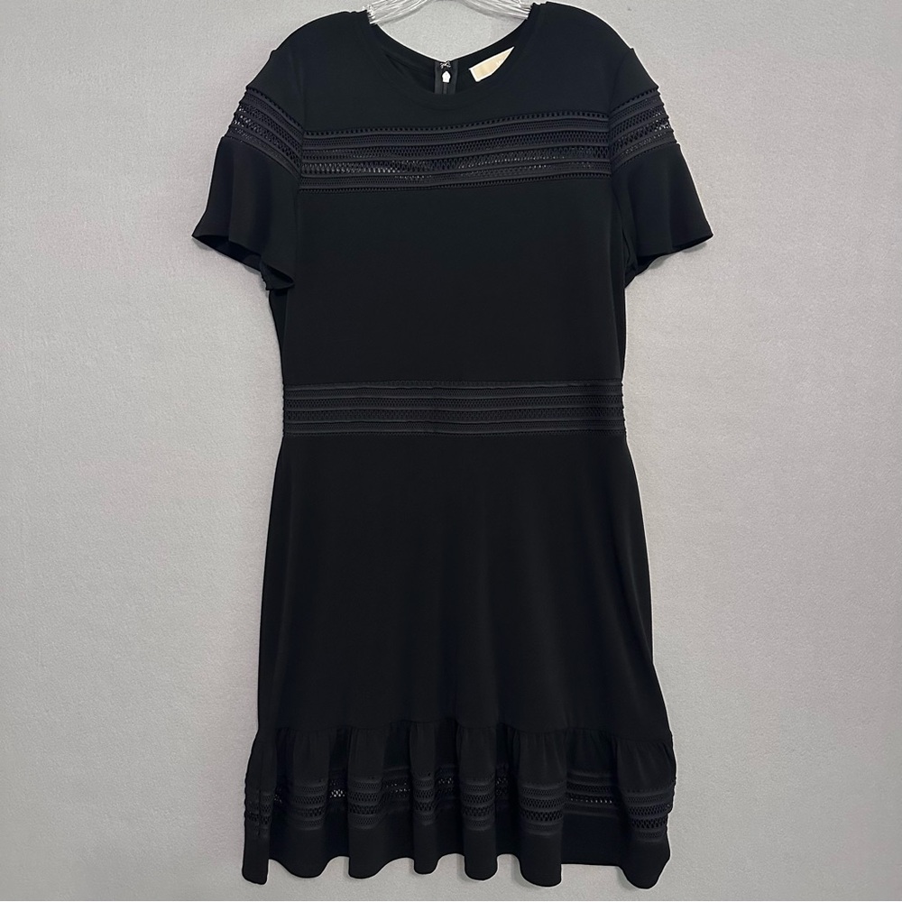 Michael Kors Black A-Line Dress Short Sleeve Ruffle Hem Crew Neck Mesh Insets XL - Picture 2 of 11
